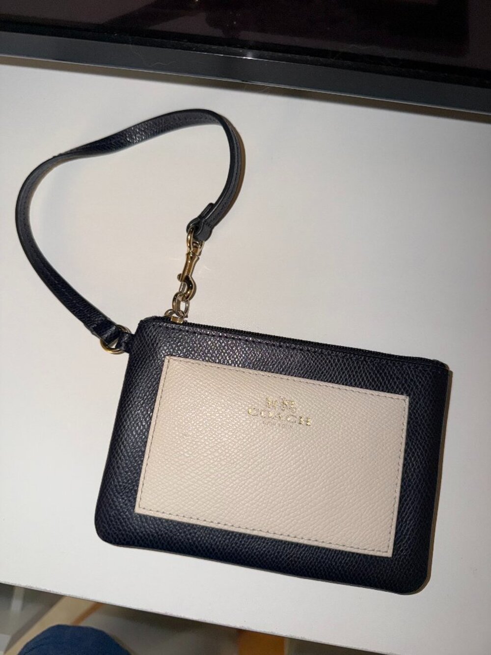 Coach Nacy & Cream Pebbled Leather Zip Wristlet Pouch with Gold Hardware
